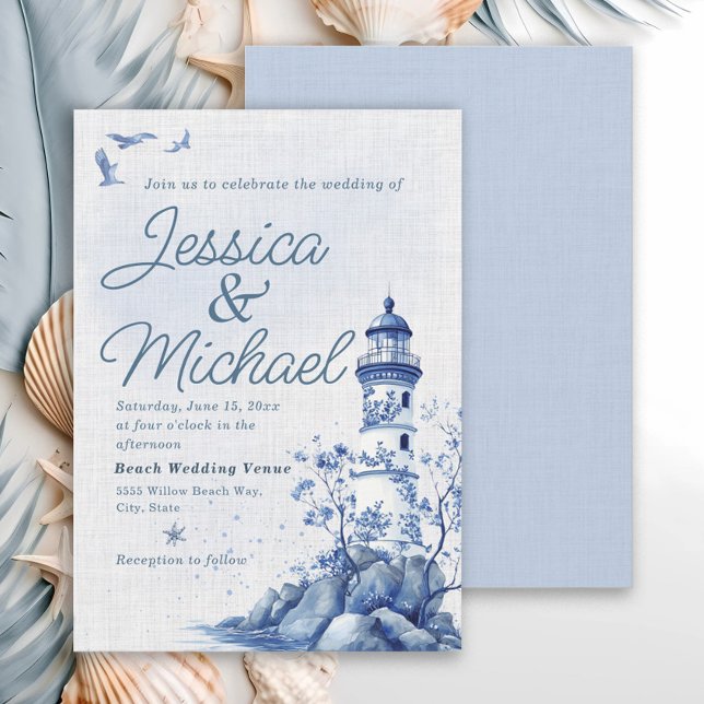 Convites Casamento na Praia do Farol Azul Branco (Blue and white lighthouse/nautiical/beach wedding invitation)
