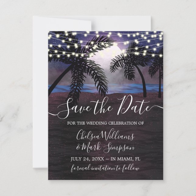 Convites Casamento na Praia em Noites de Verão Salve a Data (Frente)