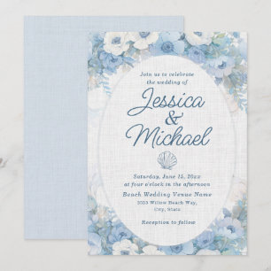 Convites Casamento na Praia Floral Azul Branco Costeiro