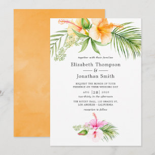 Convites Casamento na Praia Floral Tropical em Aquarela