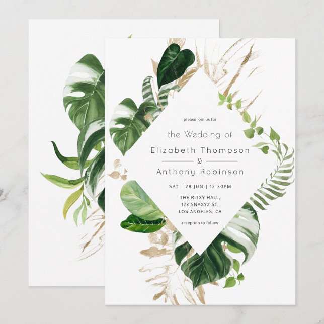 Convites Casamento na Praia Geométrica Tropical em Aquarela (Frente/Verso)