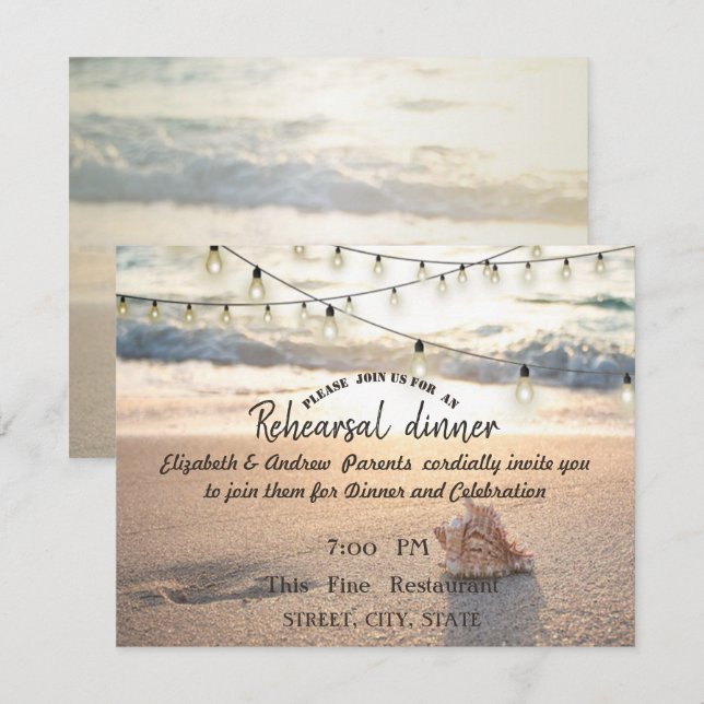 Convites Casamento na Praia, Luzes Jantar de Ensaios Concha (Frente/Verso)