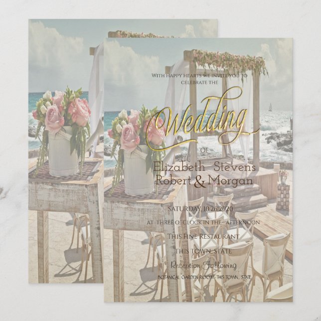 Convites Casamento na Praia Retro Arch (Frente/Verso)