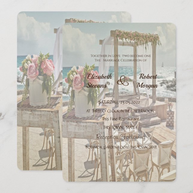 Convites Casamento na Praia Retro Arch (Frente/Verso)