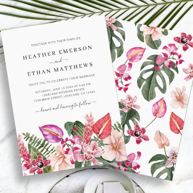 Convites Casamento na Praia Tropical (Tropical Floral Beach Wedding Invitation by Painted Paperie
)