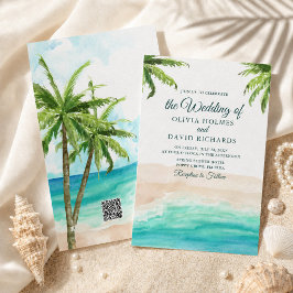 Convites Casamento na Praia Tropical com Código QR em Aquar
