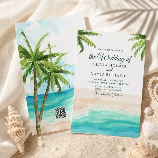 Convites Casamento na Praia Tropical com Código QR em Aquar (Watercolor Tropical Beach with QR Code Wedding Invitation)
