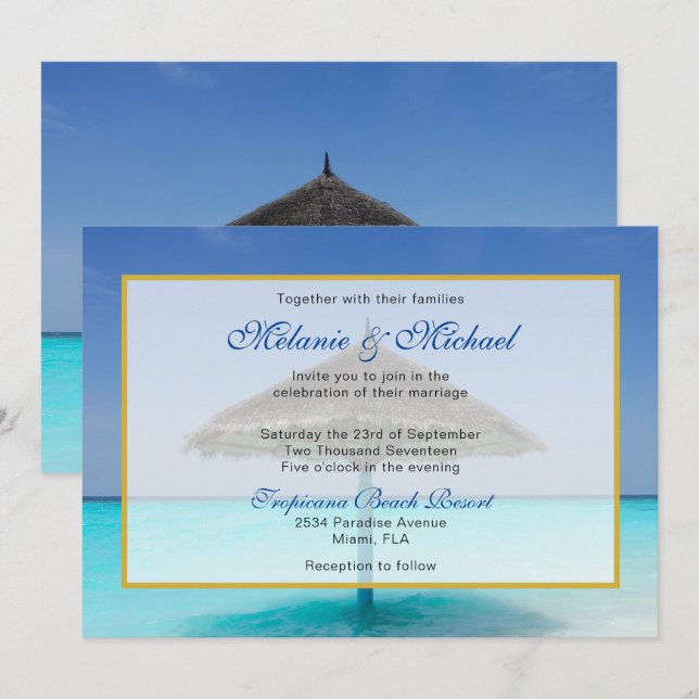 Convites Casamento na Praia Tropical com Guarda-Sol de Palh (Frente/Verso)