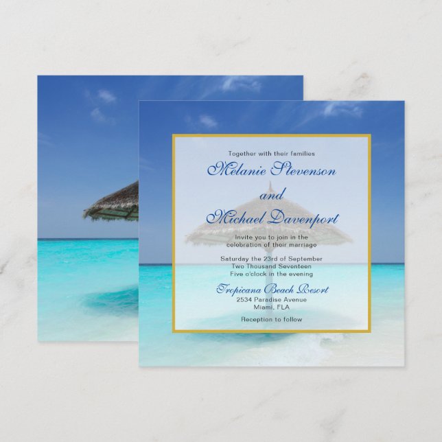 Convites Casamento na Praia Tropical com Guarda-Sol de Palh (Frente/Verso)