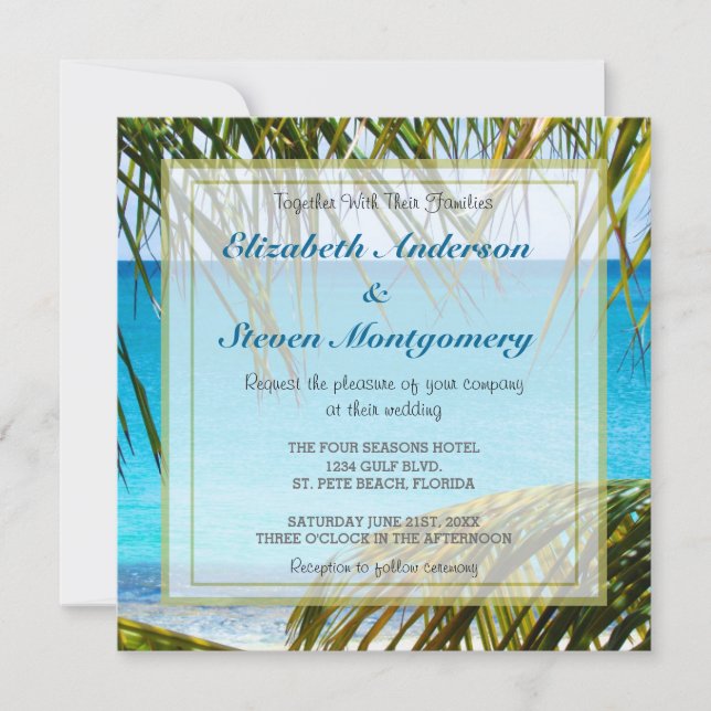 Convites Casamento na Praia Tropical emoldurado com Folhas  (Frente)