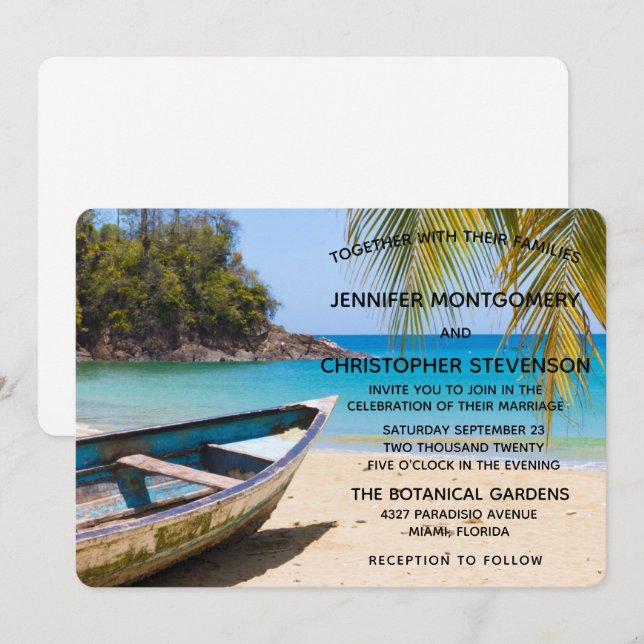 Convites Casamento na Praia Tropical Linda com um Barco a R (Frente/Verso)
