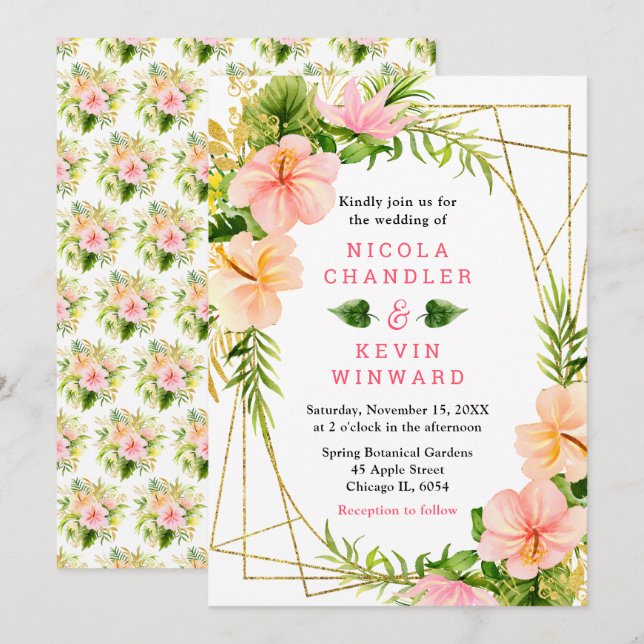 Convites Casamento na Selva Tropical com Folhagem (Frente/Verso)