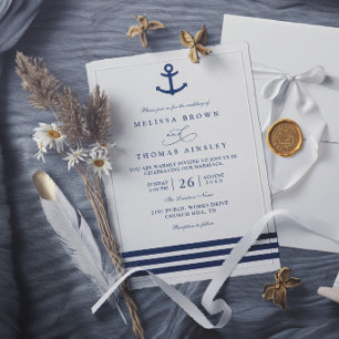 Convites Casamento Náutico Âncora Azul Marinho Moderno Eleg