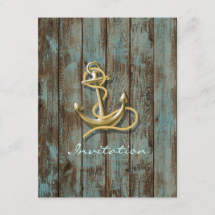 Convites casamento náutico âncora de madeira azul da doca