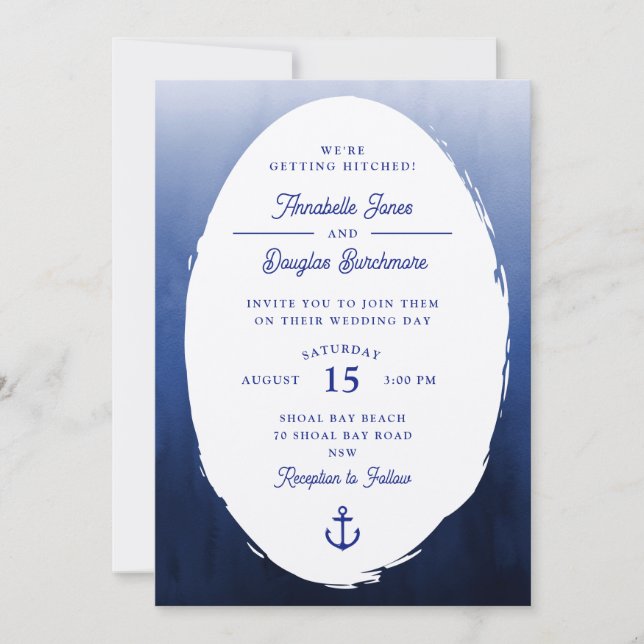 Convites Casamento Náutico Azul Branco Oval Aquarela (Frente)