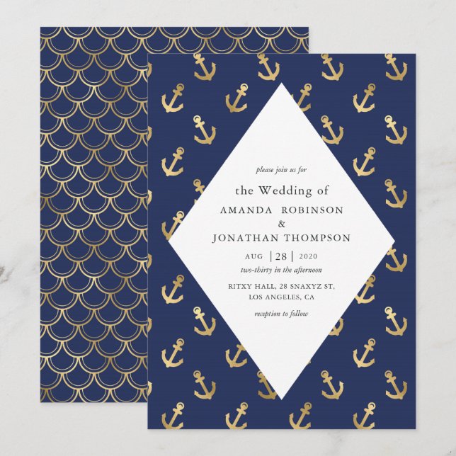 Convites Casamento Náutico Azul e Dourado (Frente/Verso)