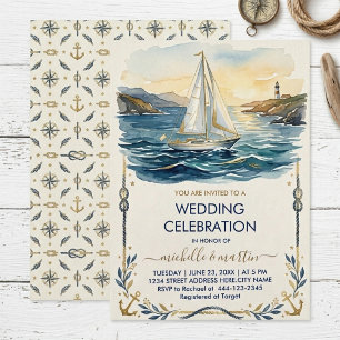 Convites Casamento Náutico Azul Marinho e Dourado Casamen