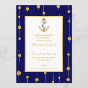 Convites Casamento náutico azul marinho miçanga de ouro