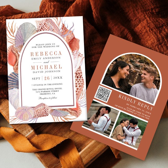 Convites Casamento Náutico Código QR Boho Rústico Conchas (Criador carregado)