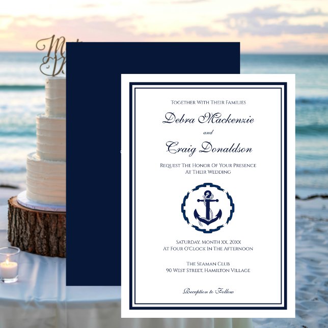 Convites Casamento Náutico da Marinha e Âncora Branca (Nautical Navy and White Anchor Wedding Invitation)