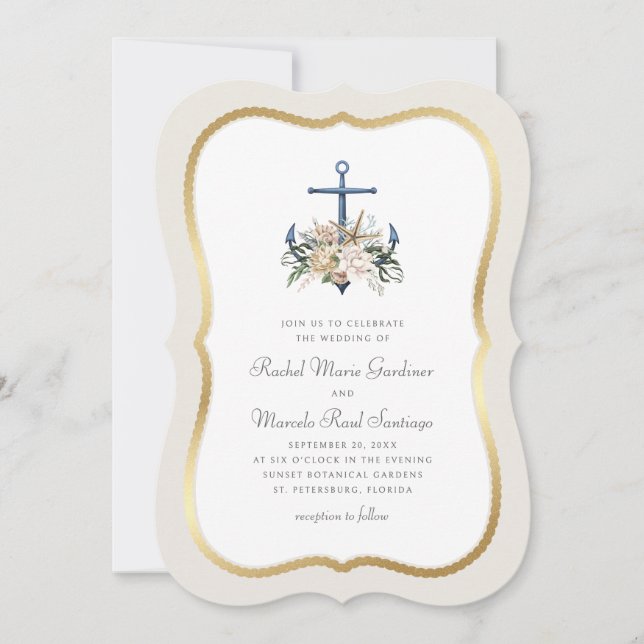 Convites Casamento Náutico de Âncora de Praia (Frente)