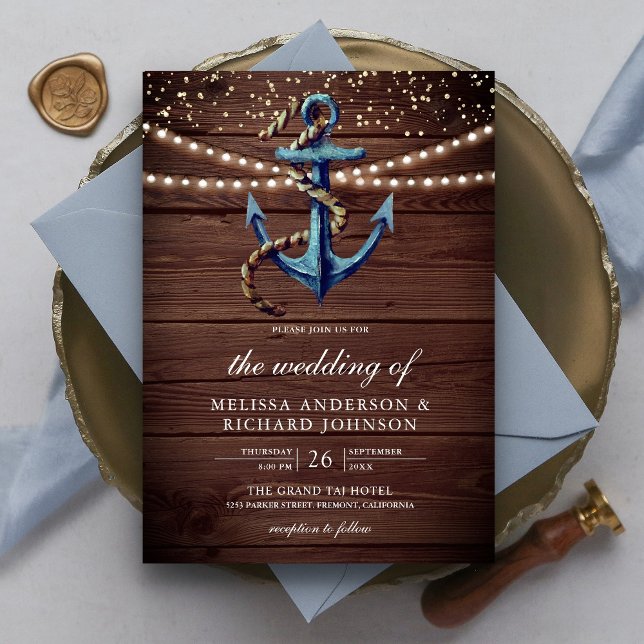 Convites Casamento Náutico de Madeira Rústica Azul Naval Ân (Criador carregado)