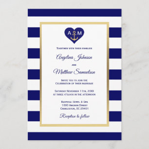 Convites Casamento Náutico do Coração Dourado Azul Elega