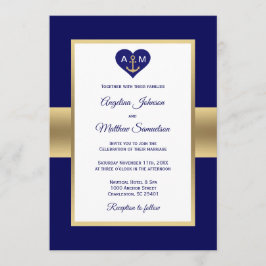 Convites Casamento Náutico do Coração Dourado Azul Elegante