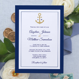 Convites Casamento Náutico Dourado Azul-Marinho Elegante