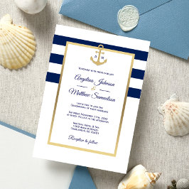 Convites Casamento Náutico Dourado Azul-Marinho Elegante