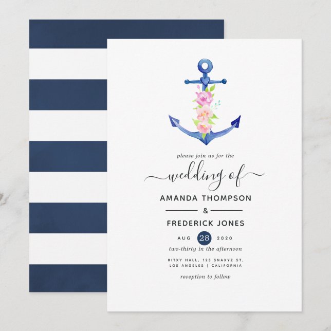 Convites Casamento Náutico em Aquarela (Frente/Verso)
