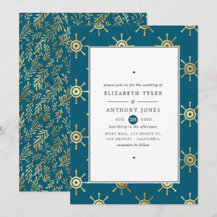 Convites Casamento Náutico em Azul Turquesa e Dourado