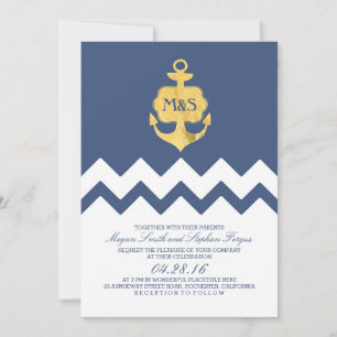 Convites Casamento Náutico Marinho Chevron Gold Foil Ancho