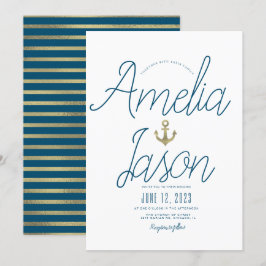 Convites Casamento Náutico Minimalista Azul  Falso Script F