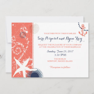 Convites Casamento Náutico Moderno Coral e Marinho