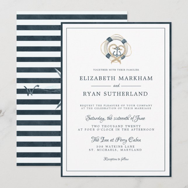 Convites Casamento Náutico Navy & Branco | Enraizados no Am (Frente/Verso)