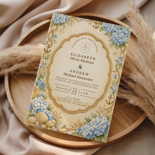 Convites Casamento Náutico Vintage com Hortênsias (Criador carregado)