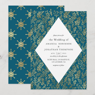 Convites Casamento Náutico Vintage Verde Azul e Dourado