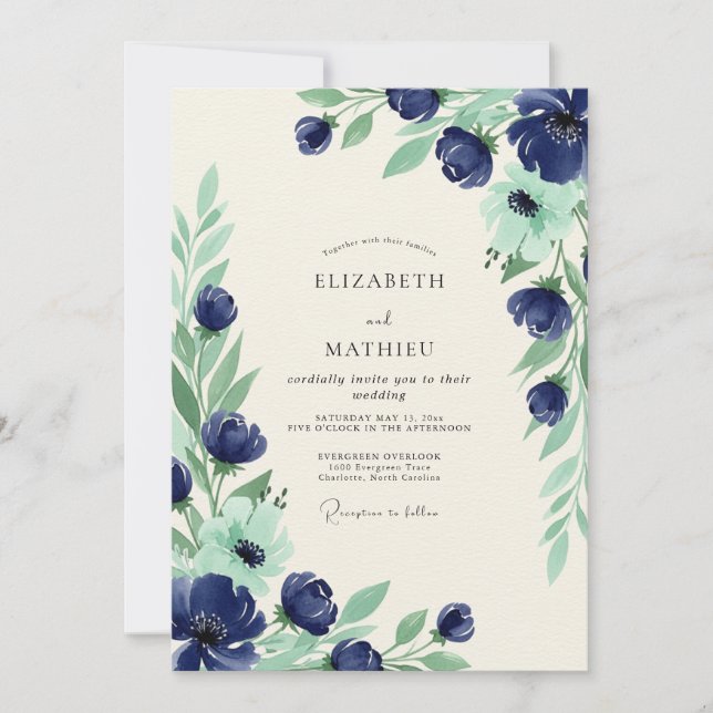 Convites Casamento Naval Azul Grandioso de Primavera (Frente)