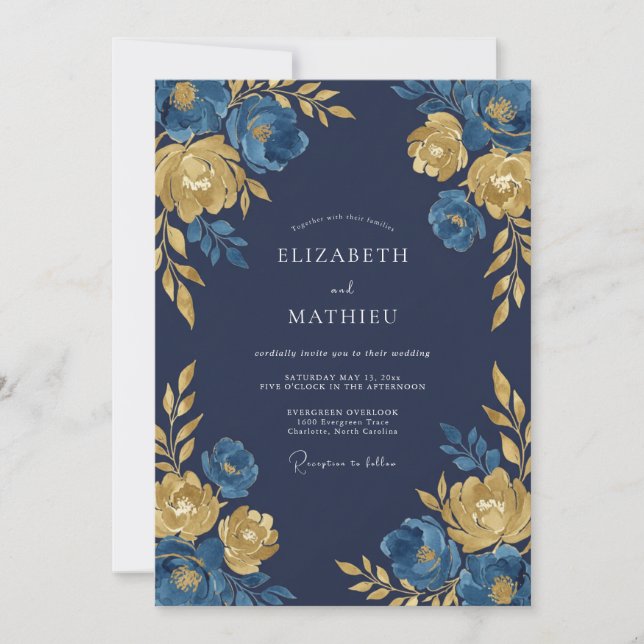 Convites Casamento Naval Azul Régio Meia-Noite (Frente)