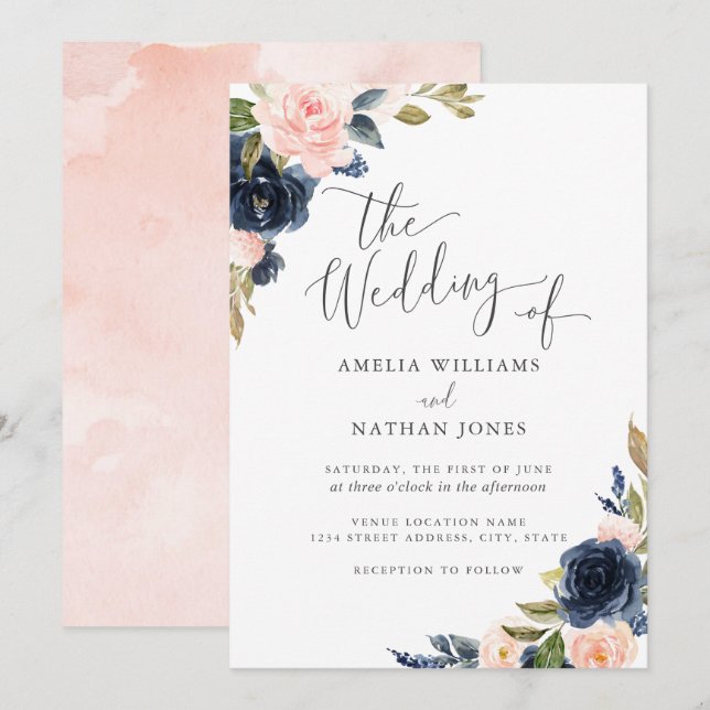 Convites Casamento Naval Blush Floral Aquarela Moderna (Frente/Verso)