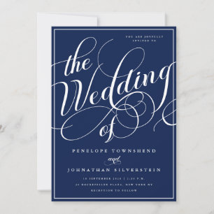 Convites Casamento Navy Blue Elegant Flourish Script