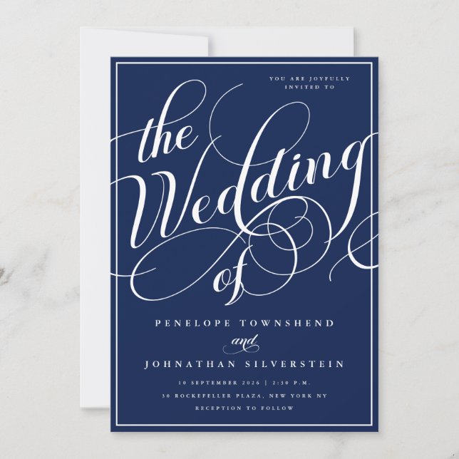 Convites Casamento Navy Blue Elegant Flourish Script (Frente)