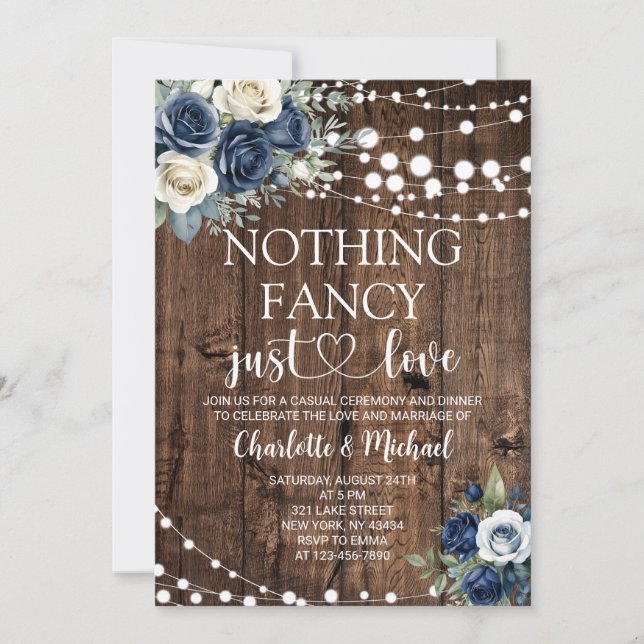 Convites Casamento Navy Blue Floral Nothing Fancy Just Love (Frente)