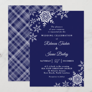 Convites Casamento Navy Blue Plaid de Flocos de Neve Elegan