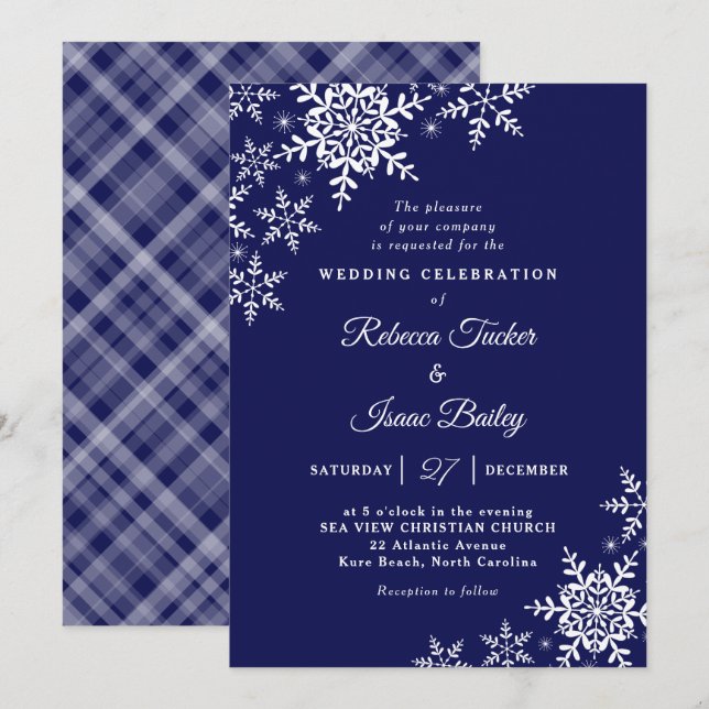 Convites Casamento Navy Blue Plaid de Flocos de Neve Elegan (Frente/Verso)