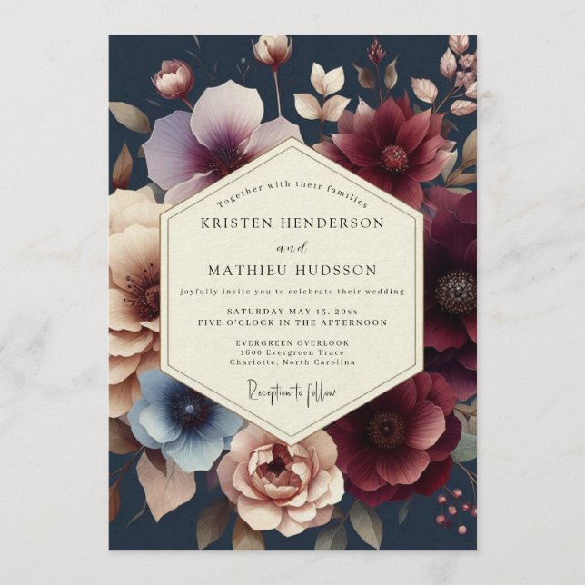 Convites Casamento Navy Burgundy Moody Bloom (Frente)