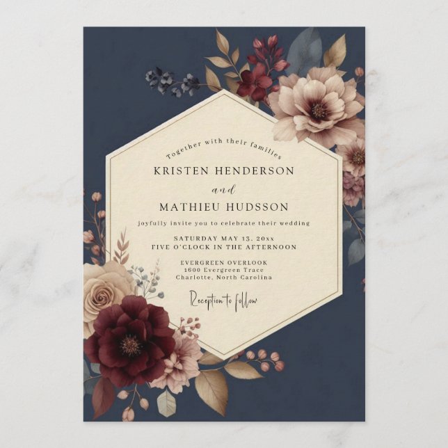 Convites Casamento Navy Burgundy Opulento em Flor (Frente)