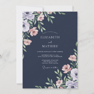 Convites Casamento Navy com Folhas em Rosa Pó