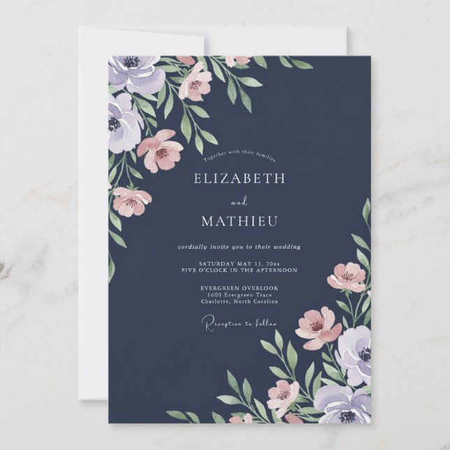 Convites Casamento Navy com Folhas em Rosa Pó (Frente)
